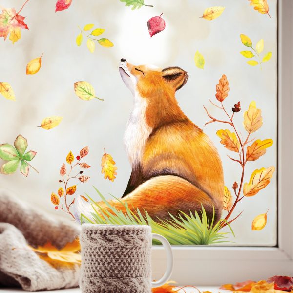 Auf dem Bild ist das Produkt: Fensterbild Herbst Fuchs im Profil mit Blättern herbstlicher Fensteraufkleber Fensterdeko zum Preis von €13.90 abgebildet.