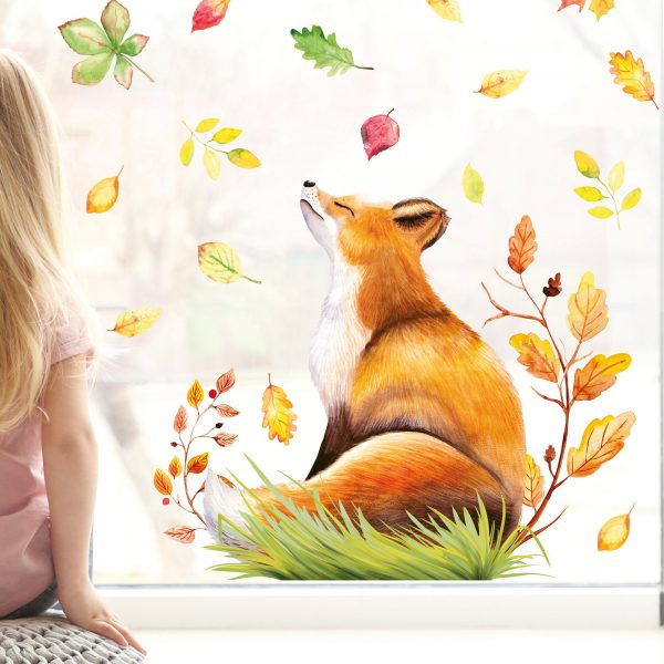 Auf dem Bild ist das Produkt: Fensterbild Herbst Fuchs im Profil mit Blättern herbstlicher Fensteraufkleber Fensterdeko zum Preis von €13.90 abgebildet.