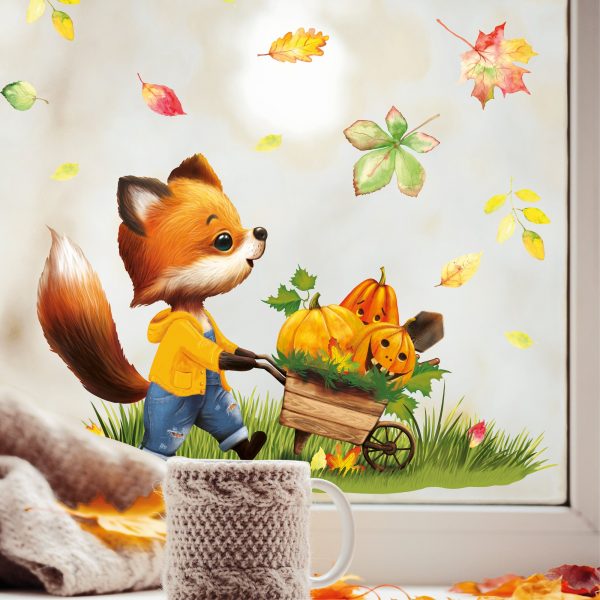 Auf dem Bild ist das Produkt: Fensterbild Herbst Herbstblätter Fuchs mit Schubkarre mit Kürbissen Halloween bunt wiederverwendbare Fensteraufkleber Kinderzimmer Baby Kind zum Preis von €13.9 abgebildet.