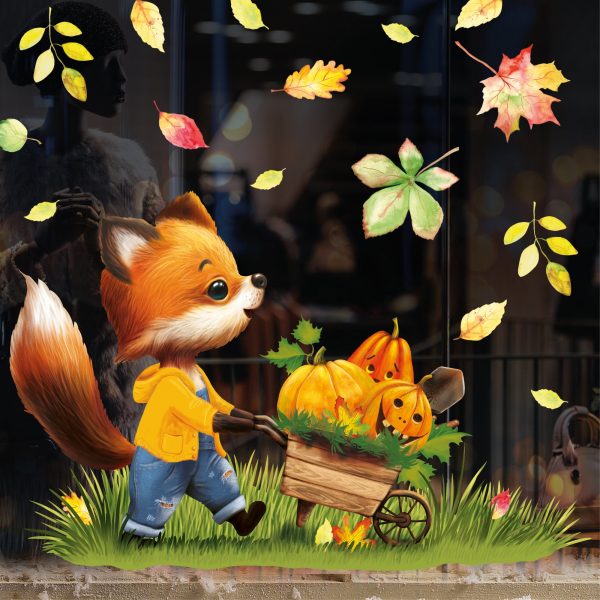 Auf dem Bild ist das Produkt: Fensterbild Herbst Herbstblätter Fuchs mit Schubkarre mit Kürbissen Halloween bunt wiederverwendbare Fensteraufkleber Kinderzimmer Baby Kind zum Preis von €13.9 abgebildet.