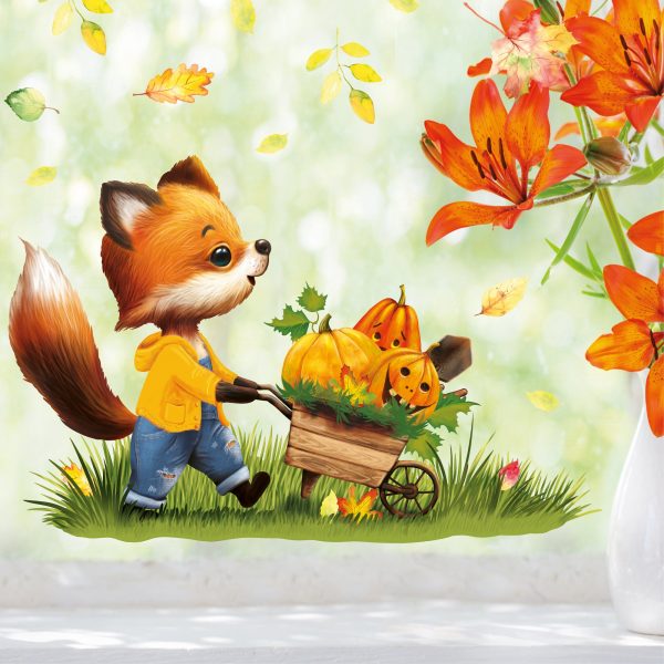Auf dem Bild ist das Produkt: Fensterbild Herbst Herbstblätter Fuchs mit Schubkarre mit Kürbissen Halloween bunt wiederverwendbare Fensteraufkleber Kinderzimmer Baby Kind zum Preis von €13.9 abgebildet.