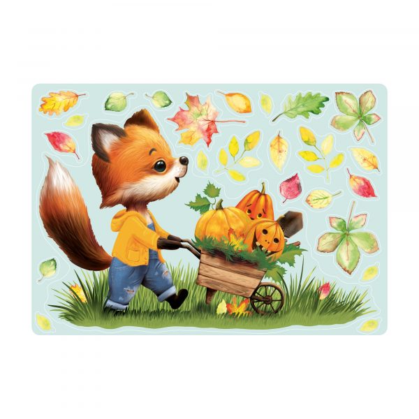 Auf dem Bild ist das Produkt: Fensterbild Herbst Herbstblätter Fuchs mit Schubkarre mit Kürbissen Halloween bunt wiederverwendbare Fensteraufkleber Kinderzimmer Baby Kind zum Preis von €13.9 abgebildet.
