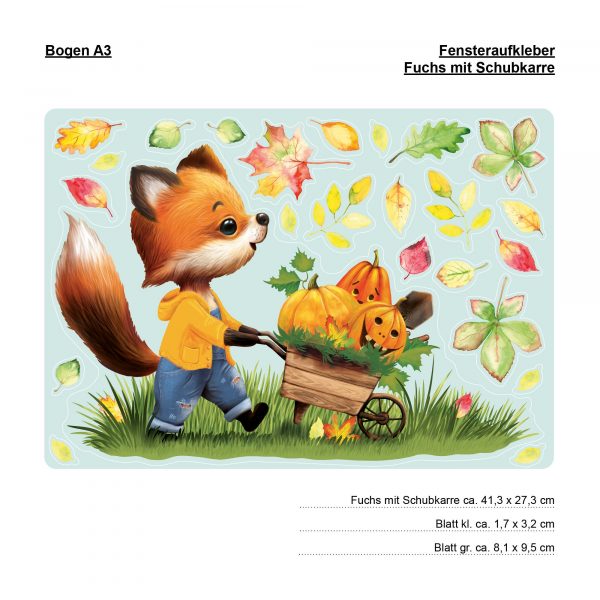 Auf dem Bild ist das Produkt: Fensterbild Herbst Herbstblätter Fuchs mit Schubkarre mit Kürbissen Halloween bunt wiederverwendbare Fensteraufkleber Kinderzimmer Baby Kind zum Preis von €13.9 abgebildet.