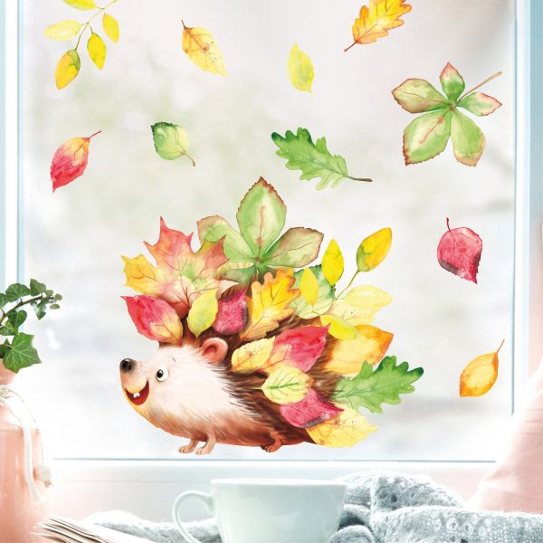 Auf dem Bild ist das Produkt: Fensterbild Herbst Herbstblätter Igel bunt wiederverwendbare Fensteraufkleber Kinderzimmer Baby Kind zum Preis von €13.90 abgebildet.