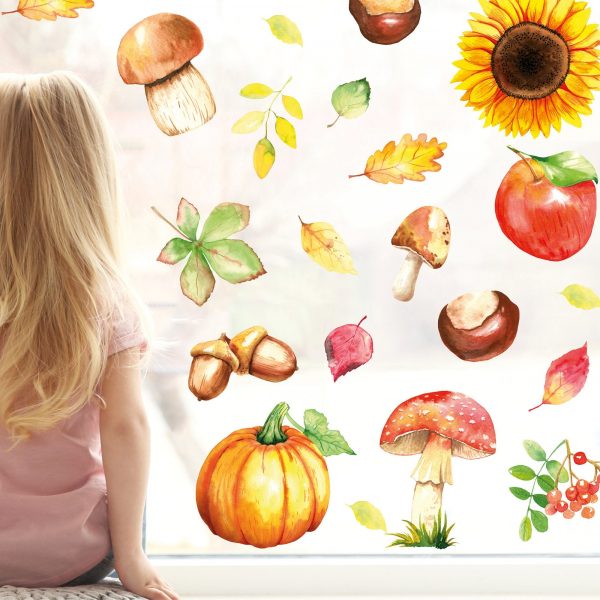 Auf dem Bild ist das Produkt: Fensterbild Herbst Herbstfrüchte Herbstblätter Kastanie Halloween bunt wiederverwendbare Fensteraufkleber Kinderzimmer Baby Kind zum Preis von €13.90 abgebildet.
