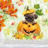 Auf dem Bild ist das Produkt: Fensterbild Herbst Herbstfrüchte Herbstblätter Kürbis mit Mops Hund Halloween bunt wiederverwendbare Fensteraufkleber Kinderzimmer Baby Kind zum Preis von €13.90 abgebildet.