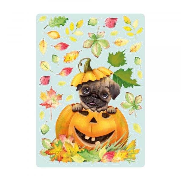 Auf dem Bild ist das Produkt: Fensterbild Herbst Herbstfrüchte Herbstblätter Kürbis mit Mops Hund Halloween bunt wiederverwendbare Fensteraufkleber Kinderzimmer Baby Kind zum Preis von €13.90 abgebildet.