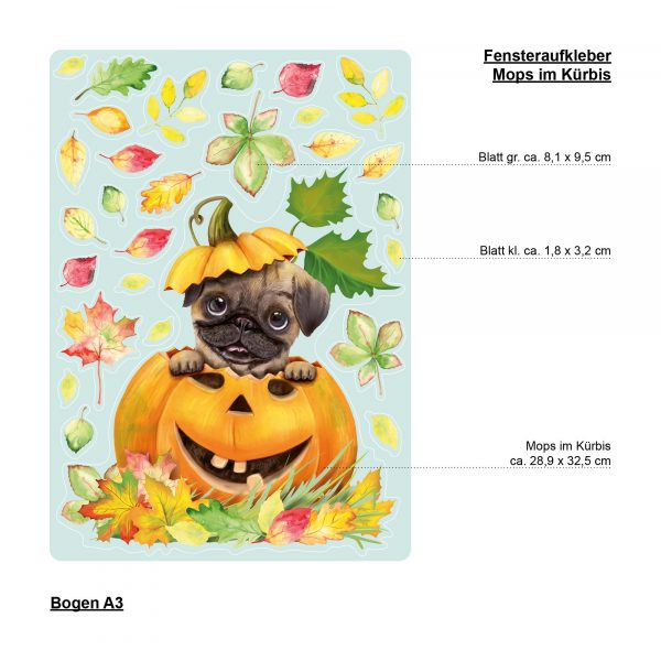 Auf dem Bild ist das Produkt: Fensterbild Herbst Herbstfrüchte Herbstblätter Kürbis mit Mops Hund Halloween bunt wiederverwendbare Fensteraufkleber Kinderzimmer Baby Kind zum Preis von €13.90 abgebildet.