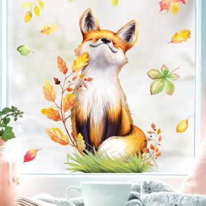 Fensterbild Herbst sitzender Fuchs mit Blättern herbstlicher Fensteraufkleber Fensterdeko Auf dem Bild ist das Produkt: Fensterbild Herbst sitzender Fuchs mit Blättern herbstlicher Fensteraufkleber Fensterdeko zum Preis von €13.90 abgebildet.