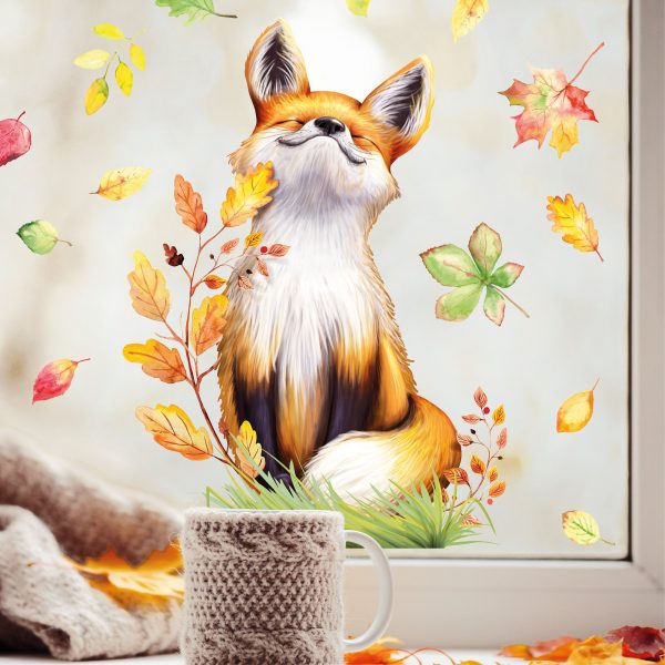 Auf dem Bild ist das Produkt: Fensterbild Herbst sitzender Fuchs mit Blättern herbstlicher Fensteraufkleber Fensterdeko zum Preis von €13.90 abgebildet.