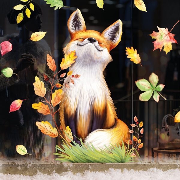 Auf dem Bild ist das Produkt: Fensterbild Herbst sitzender Fuchs mit Blättern herbstlicher Fensteraufkleber Fensterdeko zum Preis von €13.90 abgebildet.