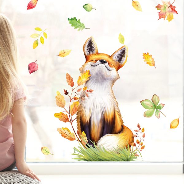 Auf dem Bild ist das Produkt: Fensterbild Herbst sitzender Fuchs mit Blättern herbstlicher Fensteraufkleber Fensterdeko zum Preis von €13.90 abgebildet.