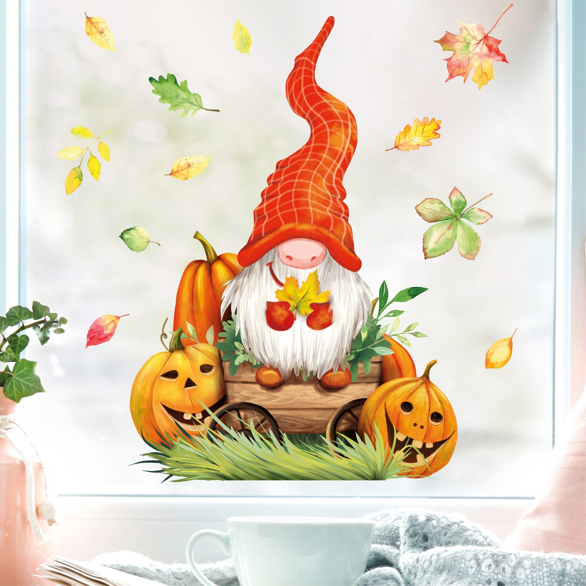 Fensterbild Herbst Zwerg mit Blättern und Kürbissen herbstlicher Fensteraufkleber Fensterdeko