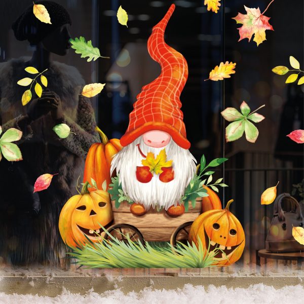 Auf dem Bild ist das Produkt: Fensterbild Herbst Zwerg mit Blättern und Kürbissen herbstlicher Fensteraufkleber Fensterdeko zum Preis von €13.90 abgebildet.