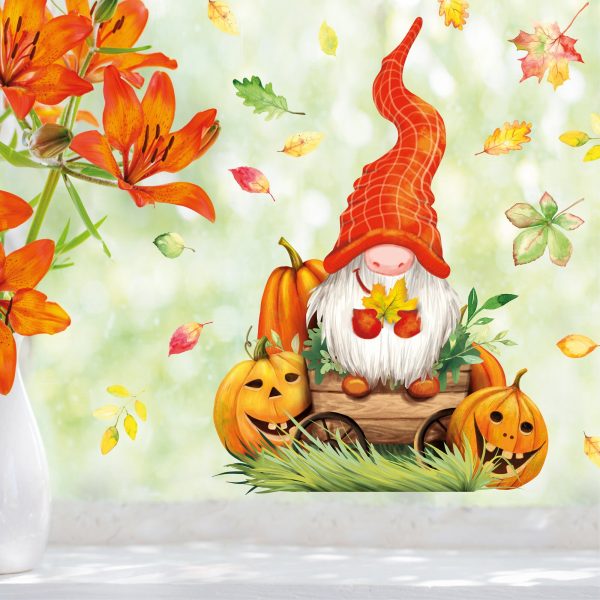 Auf dem Bild ist das Produkt: Fensterbild Herbst Zwerg mit Blättern und Kürbissen herbstlicher Fensteraufkleber Fensterdeko zum Preis von €13.90 abgebildet.
