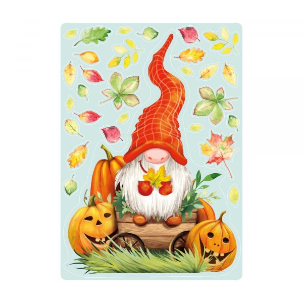 Auf dem Bild ist das Produkt: Fensterbild Herbst Zwerg mit Blättern und Kürbissen herbstlicher Fensteraufkleber Fensterdeko zum Preis von €13.90 abgebildet.