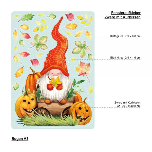 Auf dem Bild ist das Produkt: Fensterbild Herbst Zwerg mit Blättern und Kürbissen herbstlicher Fensteraufkleber Fensterdeko zum Preis von €13.90 abgebildet.