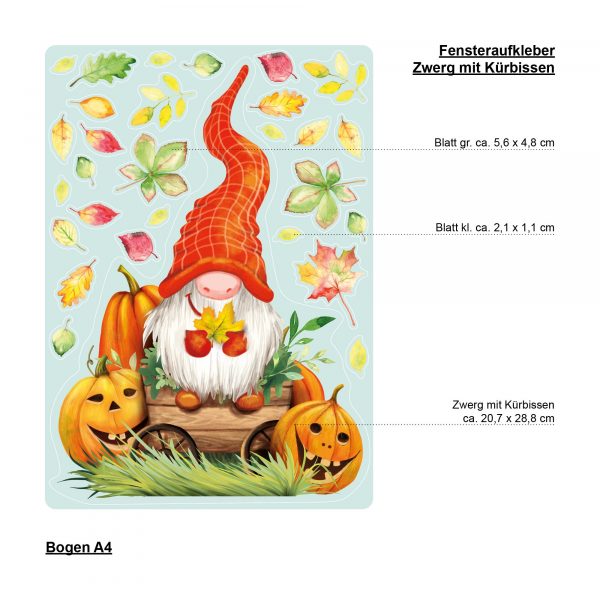 Auf dem Bild ist das Produkt: Fensterbild Herbst Zwerg mit Blättern und Kürbissen herbstlicher Fensteraufkleber Fensterdeko zum Preis von €13.90 abgebildet.