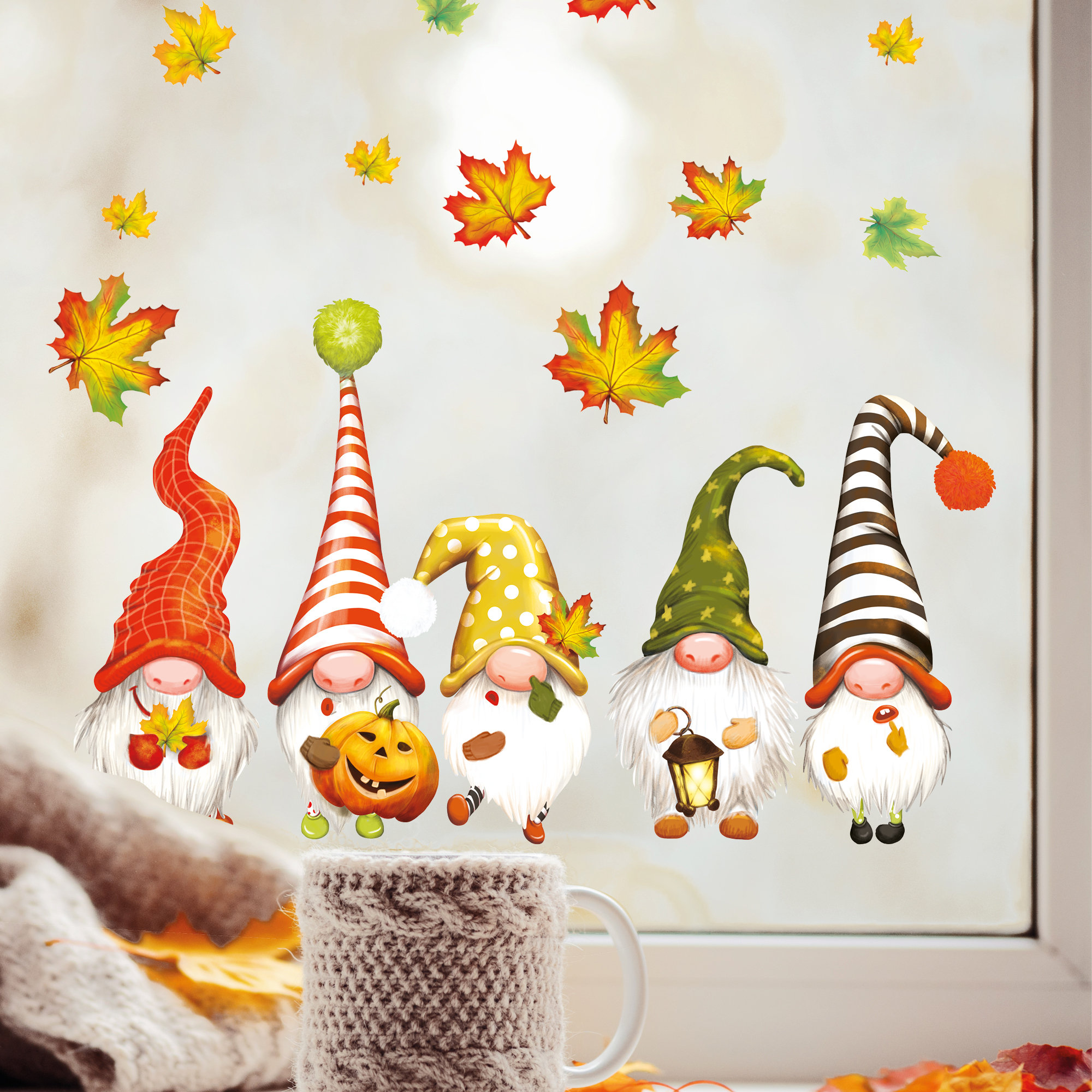 Fensterbild Herbst Zwerge Wichtel mit Blättern herbstlicher Fensteraufkleber Fensterdeko Fensterfolie