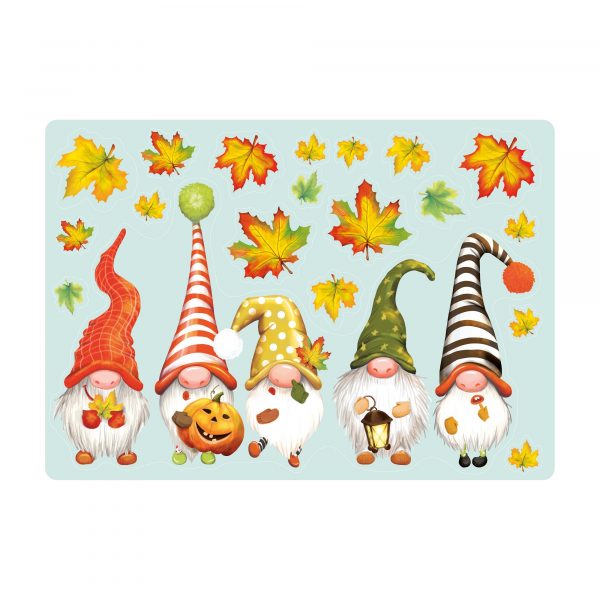 Auf dem Bild ist das Produkt: Fensterbild Herbst Zwerge Wichtel mit Blättern herbstlicher Fensteraufkleber Fensterdeko Fensterfolie zum Preis von €13.90 abgebildet.