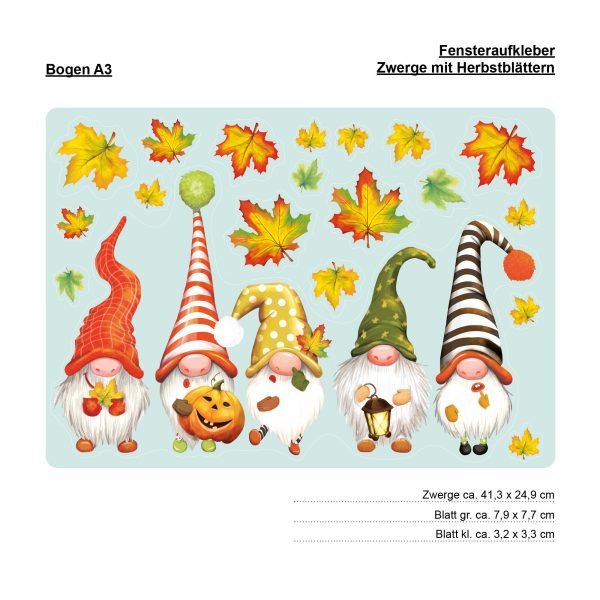 Auf dem Bild ist das Produkt: Fensterbild Herbst Zwerge Wichtel mit Blättern herbstlicher Fensteraufkleber Fensterdeko Fensterfolie zum Preis von €13.90 abgebildet.