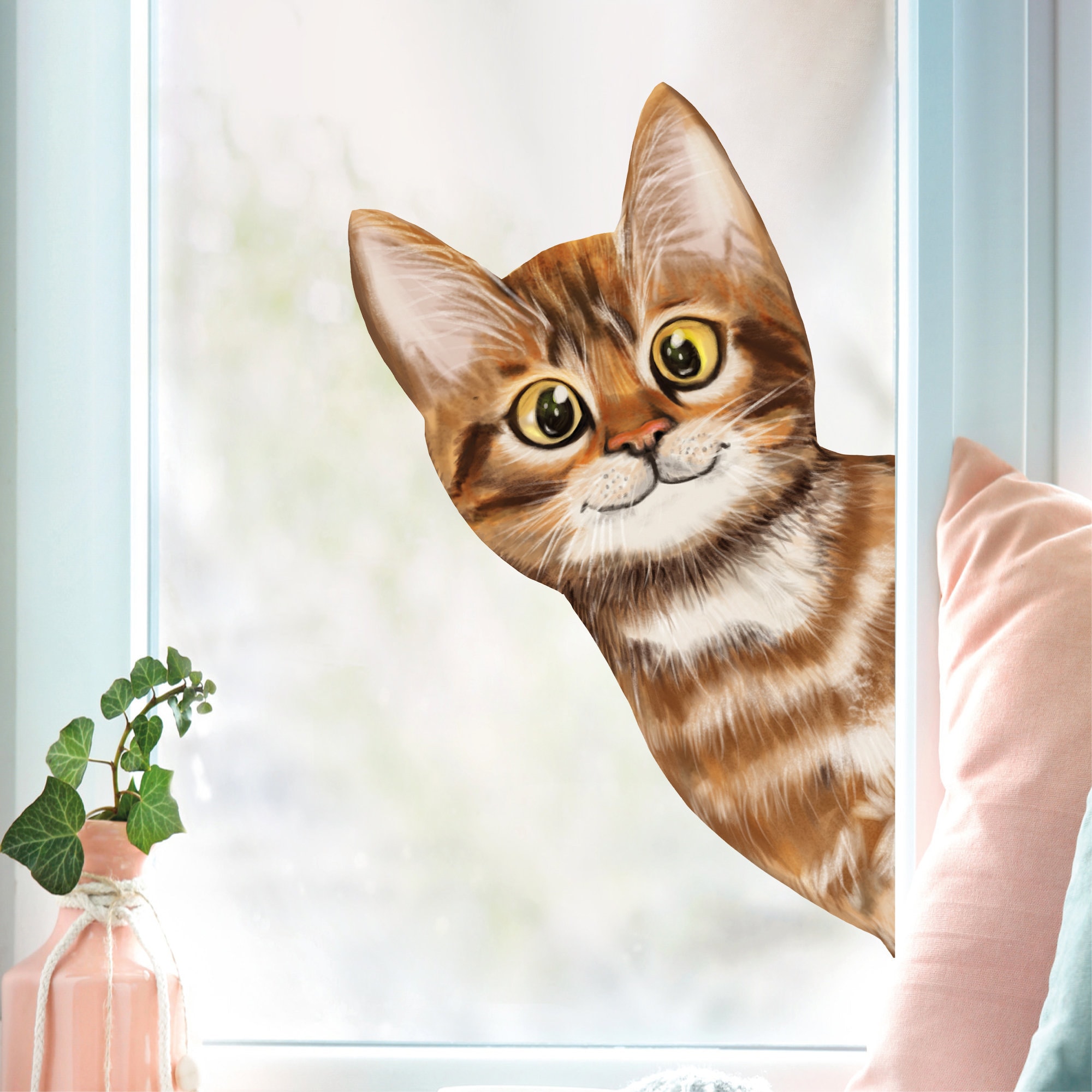 Fensterbild ins Fenster reinschauende Katze Fensterdeko Kinderzimmer Kind Osterdeko Frühlingsdeko