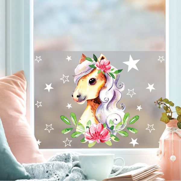 Auf dem Bild ist das Produkt: Sichtschutzfolie Kinderzimmer Pferd Fensterfolie Fensterdeko Milchglasfolie Mädchen Zimmer zum Preis von €24.9 abgebildet.