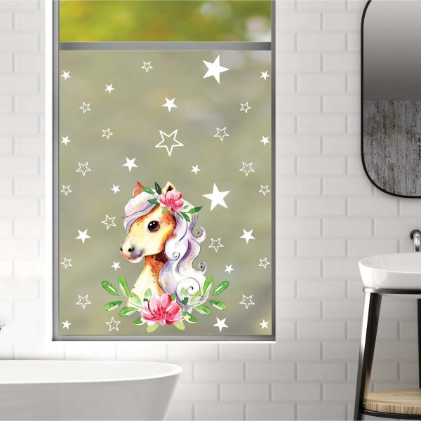 Auf dem Bild ist das Produkt: Sichtschutzfolie Kinderzimmer Pferd Fensterfolie Fensterdeko Milchglasfolie Mädchen Zimmer zum Preis von €24.9 abgebildet.