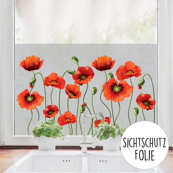 Auf dem Bild ist das Produkt: Sichtschutzfolie mit Mohnblumen Fensterfolie Fensterdeko Milchglasfolie zum Preis von €24.9 abgebildet.