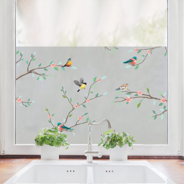 Auf dem Bild ist das Produkt: Sichtschutzfolie Zweige mit Vögeln, Fensterfolie Fensterdeko Milchglasfolie zum Preis von €24.9 abgebildet.