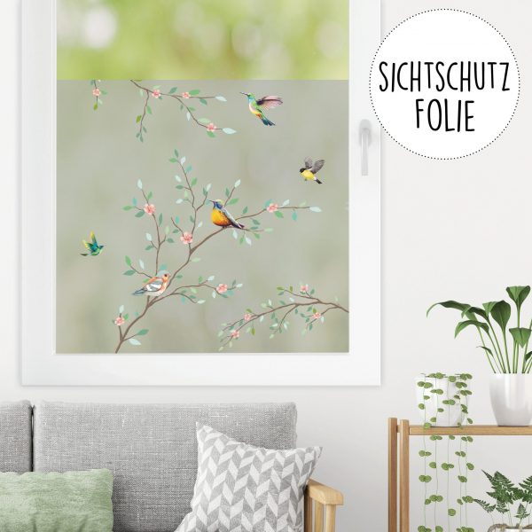 Auf dem Bild ist das Produkt: Sichtschutzfolie Zweige mit Vögeln, Fensterfolie Fensterdeko Milchglasfolie zum Preis von €24.9 abgebildet.