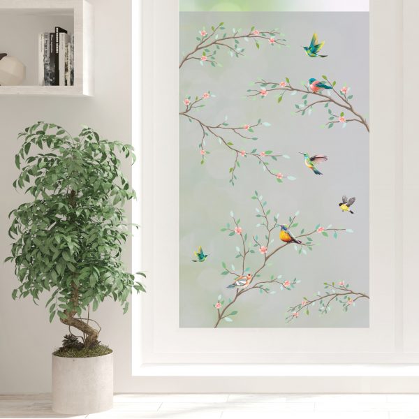 Auf dem Bild ist das Produkt: Sichtschutzfolie Zweige mit Vögeln, Fensterfolie Fensterdeko Milchglasfolie zum Preis von €24.9 abgebildet.