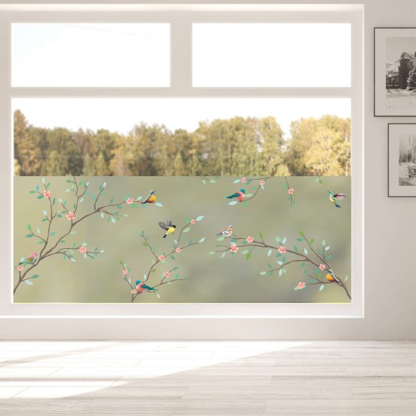 Auf dem Bild ist das Produkt: Sichtschutzfolie Zweige mit Vögeln, Fensterfolie Fensterdeko Milchglasfolie zum Preis von €24.9 abgebildet.