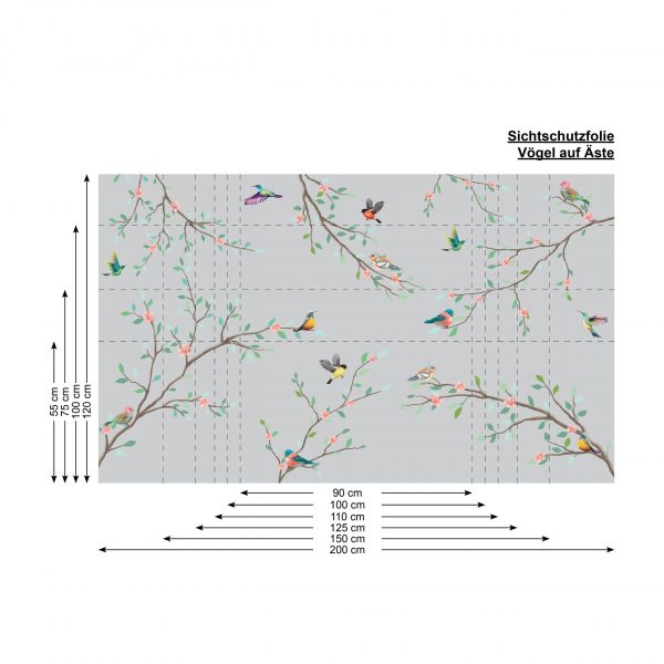 Auf dem Bild ist das Produkt: Sichtschutzfolie Zweige mit Vögeln, Fensterfolie Fensterdeko Milchglasfolie zum Preis von €24.9 abgebildet.