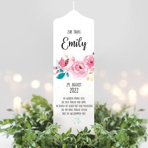 Taufkerze Junge Mädchen Blumen Blüten mit Namen Datum und Taufspruch Auf dem Bild ist das Produkt: Taufkerze Junge Mädchen Blumen Blüten mit Namen Datum und Taufspruch zum Preis von €5.9 abgebildet.