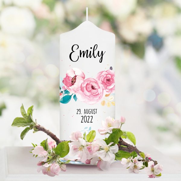 Auf dem Bild ist das Produkt: Taufkerze Junge Mädchen Blumen Blüten mit Namen Datum und Taufspruch zum Preis von €5.9 abgebildet.