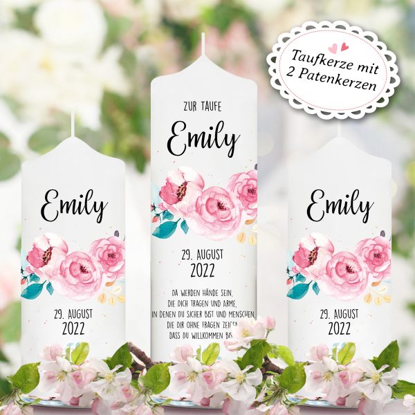 Auf dem Bild ist das Produkt: Taufkerze Junge Mädchen Blumen Blüten mit Namen Datum und Taufspruch zum Preis von €5.9 abgebildet.