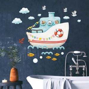 Auf dem Bild ist das Produkt: Wandtattoo Kinderzimmer Boot Schiff mit Tieren, Dekoration Babyzimmer zum Preis von €24.9 abgebildet.