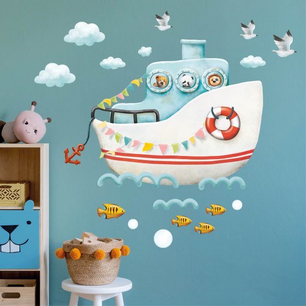 Auf dem Bild ist das Produkt: Wandtattoo Kinderzimmer Boot Schiff mit Tieren, Dekoration Babyzimmer zum Preis von €24.9 abgebildet.