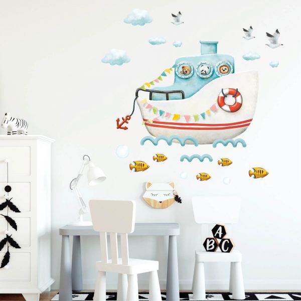 Auf dem Bild ist das Produkt: Wandtattoo Kinderzimmer Boot Schiff mit Tieren, Dekoration Babyzimmer zum Preis von €24.9 abgebildet.