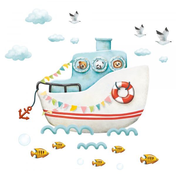 Auf dem Bild ist das Produkt: Wandtattoo Kinderzimmer Boot Schiff mit Tieren, Dekoration Babyzimmer zum Preis von €24.9 abgebildet.