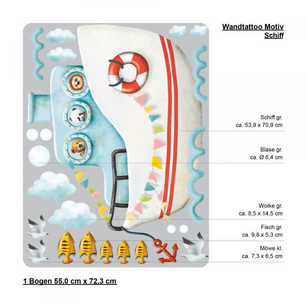 Auf dem Bild ist das Produkt: Wandtattoo Kinderzimmer Boot Schiff mit Tieren, Dekoration Babyzimmer zum Preis von €24.9 abgebildet.