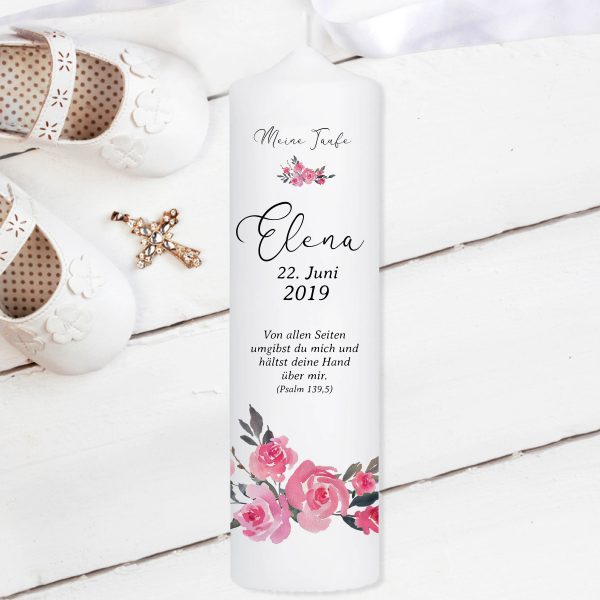 Auf dem Bild ist das Produkt: Weiße Taufkerze Kerze zur Taufe oder Geburt Blumen Rosen mit Name Datum Taufspruch zum Preis von €5.9 abgebildet.