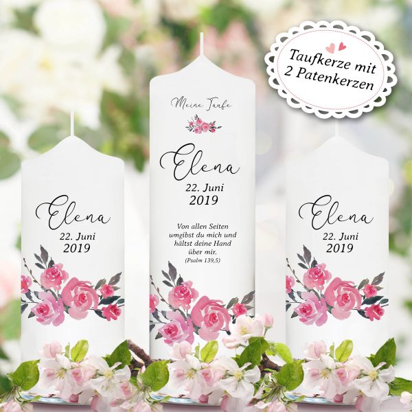 Auf dem Bild ist das Produkt: Weiße Taufkerze Kerze zur Taufe oder Geburt Blumen Rosen mit Name Datum Taufspruch zum Preis von €5.9 abgebildet.