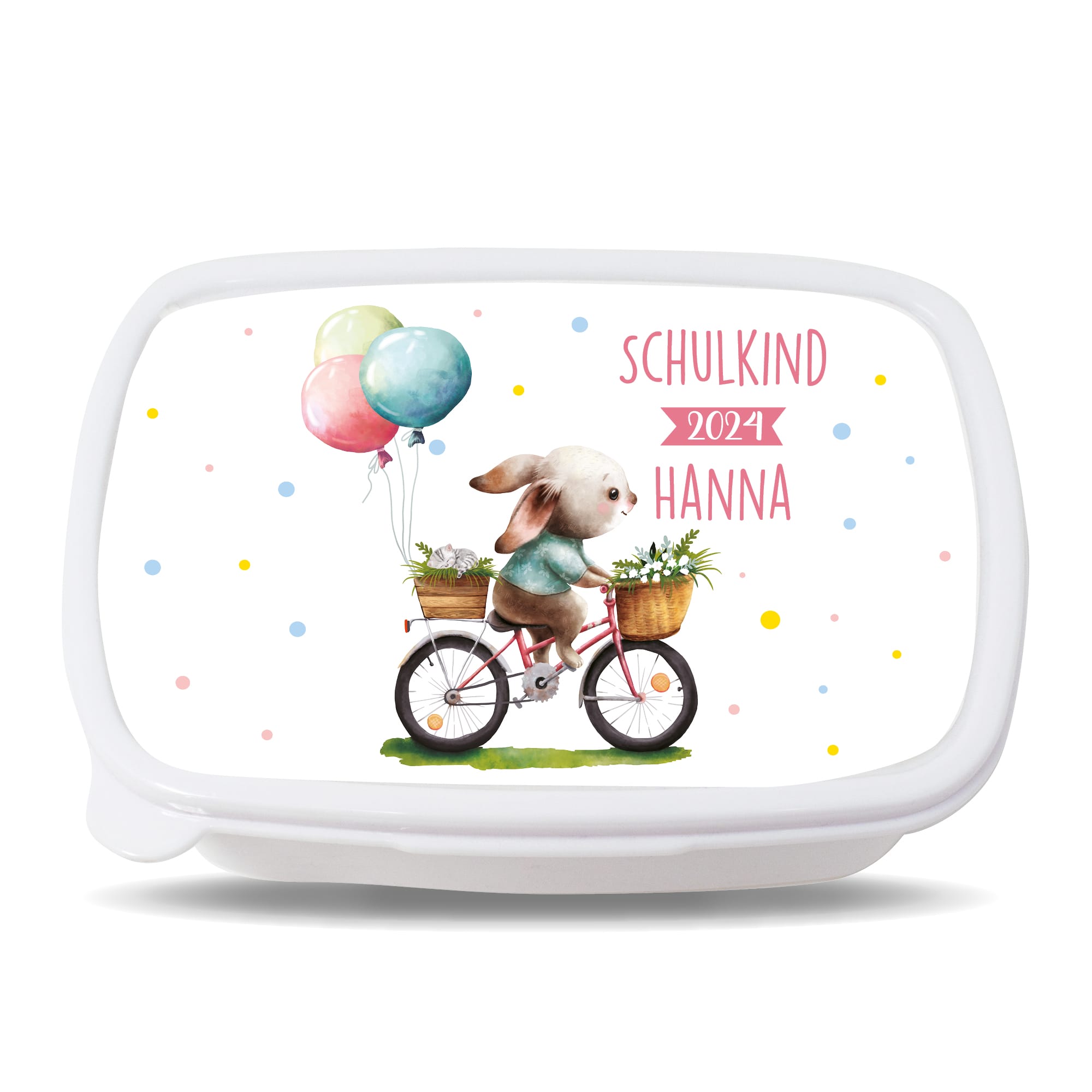 Auf dem Bild ist das Produkt: Brotdose Hase auf Fahrrad Schulkind 2024 personalisiert mit dem Wunschnamen kratz- und bruchsicher Geschenk Einschulung Geburtstag zum Preis von €19.9 abgebildet.