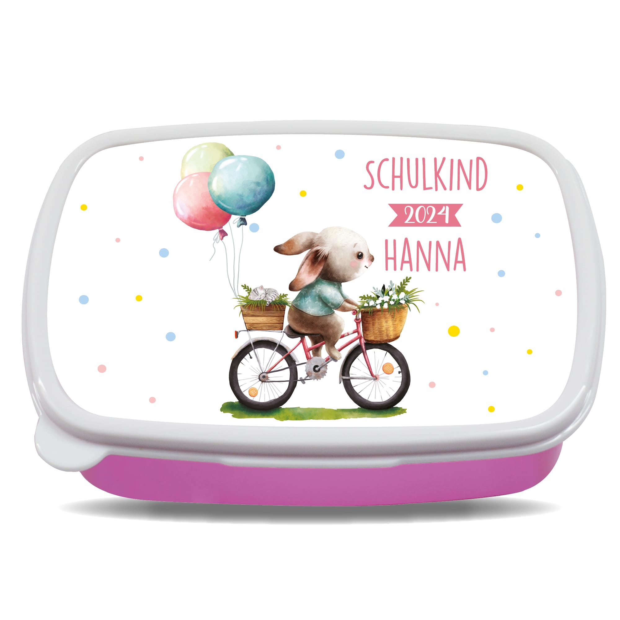 Auf dem Bild ist das Produkt: Brotdose Hase auf Fahrrad Schulkind 2024 personalisiert mit dem Wunschnamen kratz- und bruchsicher Geschenk Einschulung Geburtstag zum Preis von €19.9 abgebildet.
