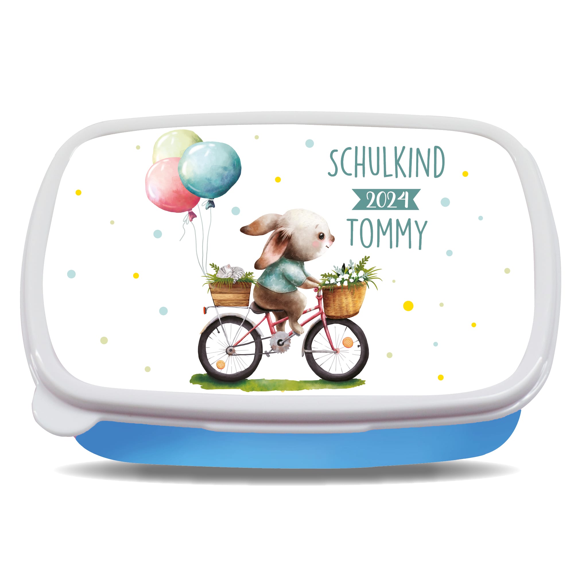 Auf dem Bild ist das Produkt: Brotdose Hase auf Fahrrad Schulkind 2024 personalisiert mit dem Wunschnamen kratz- und bruchsicher Geschenk Einschulung Geburtstag zum Preis von €19.9 abgebildet.