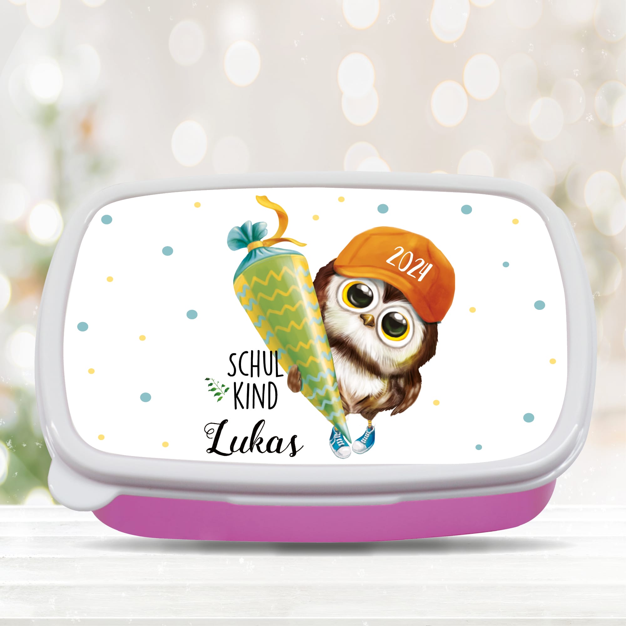 Auf dem Bild ist das Produkt: Personalisierte Brotdose mit Name Eule Schultüte Wunschname Geschenk Einschulung Geburtstag Schulanfang BPA-frei zum Preis von €19.9 abgebildet.