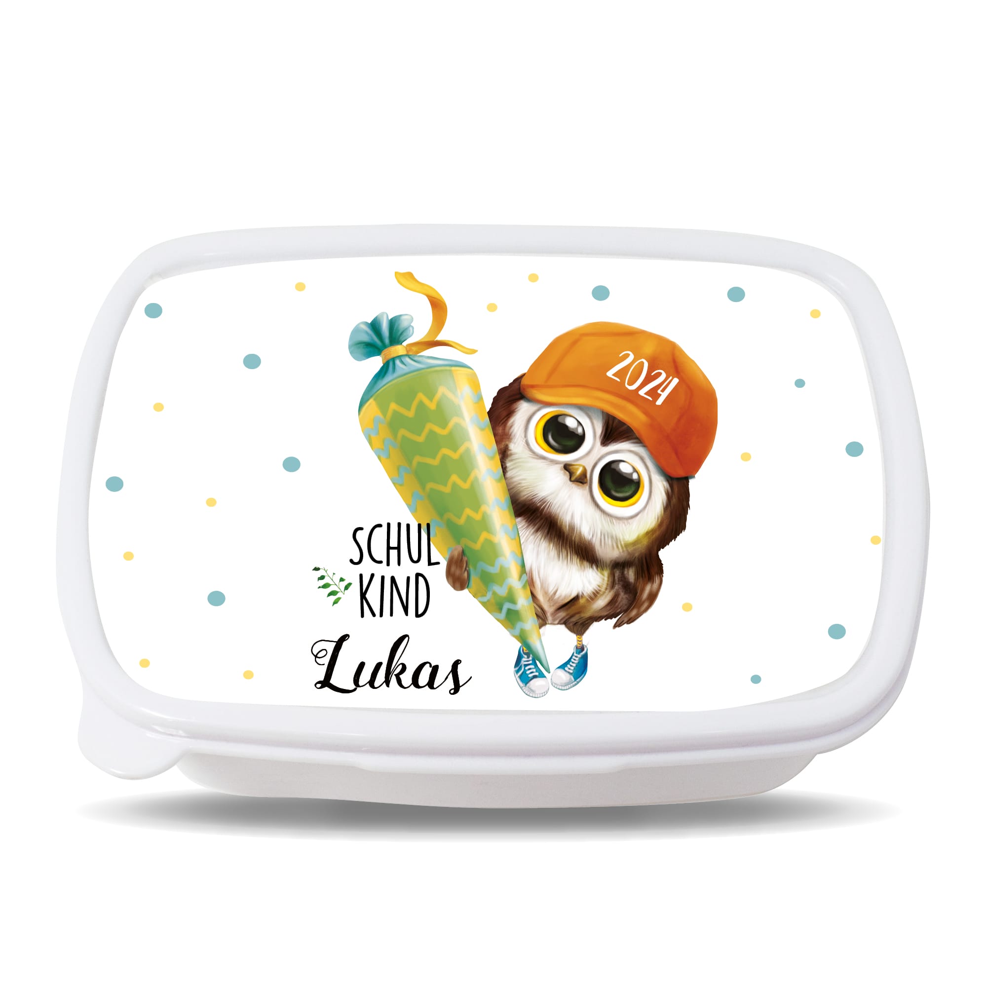 Auf dem Bild ist das Produkt: Personalisierte Brotdose mit Name Eule Schultüte Wunschname Geschenk Einschulung Geburtstag Schulanfang BPA-frei zum Preis von €19.9 abgebildet.