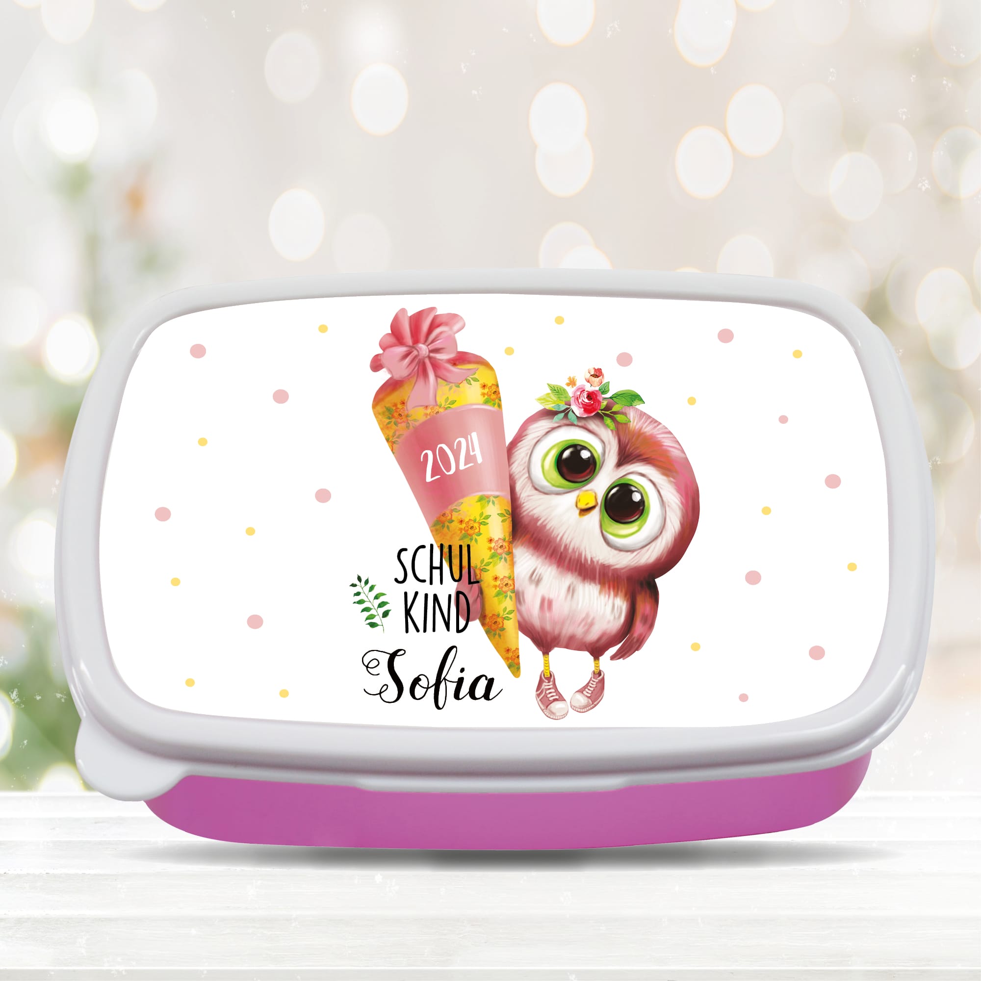 Auf dem Bild ist das Produkt: Personalisierte Brotdose Vogel Eule mit Schultüte anpassbar mit Wunschnamen kratz- und bruchsicher Geschenk Einschulung Geburtstag Schulanfang zum Preis von €19.9 abgebildet.